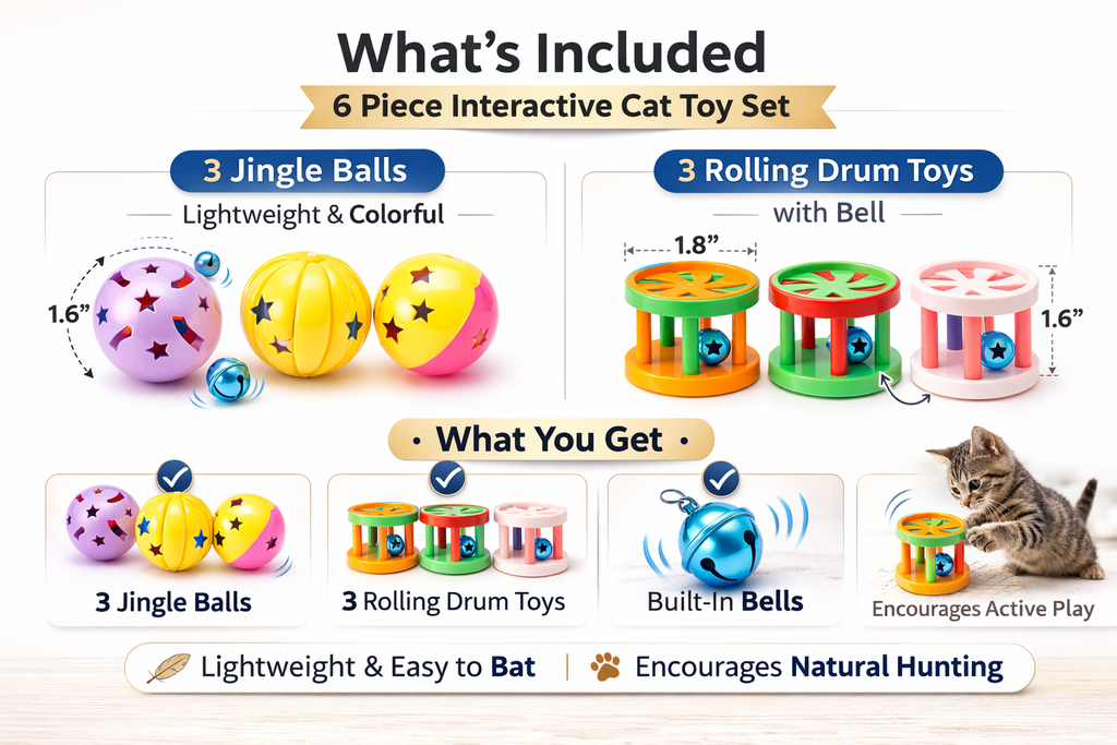6‑Piece Interactive Cat Toy Set for Indoor Cats (Jingle Balls & Rolling Drums)