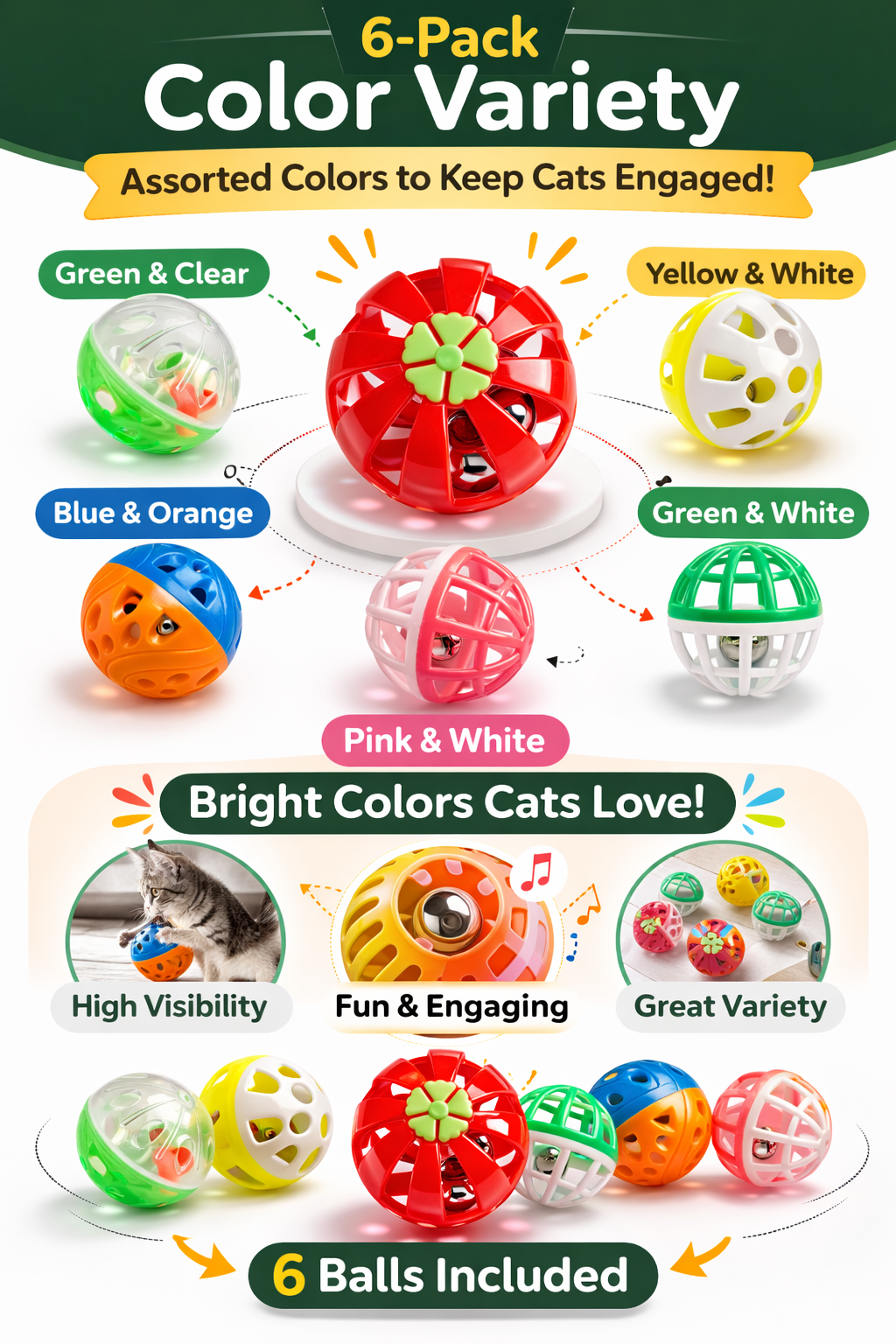 6-Pack Cat Jingle Balls – Interactive Bell Toys for Indoor Cats, Rolling Chase Toys for Kittens
