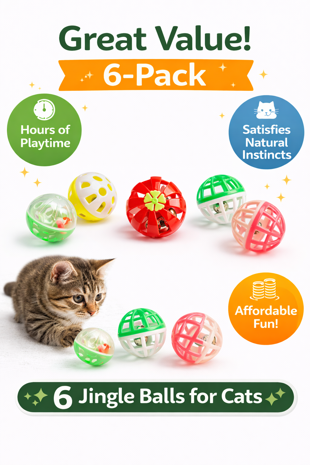 6-Pack Cat Jingle Balls – Interactive Bell Toys for Indoor Cats, Rolling Chase Toys for Kittens