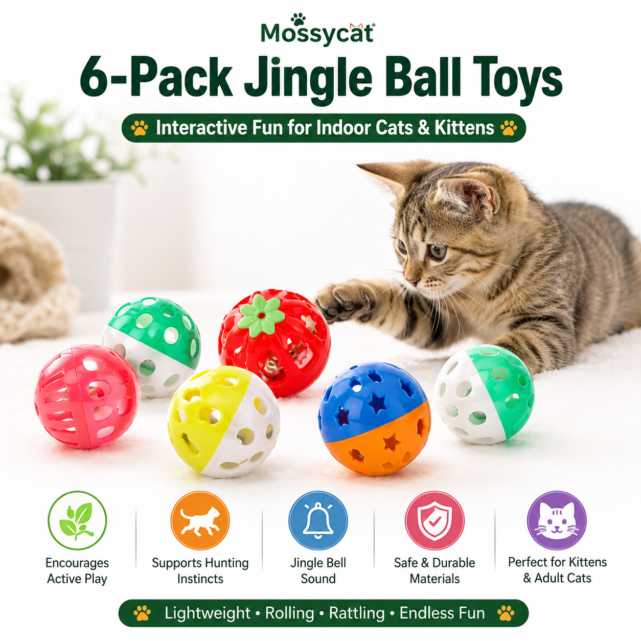 Mossycat 6-Pack Cat Jingle Ball Toys | Interactive Toys for Indoor Cats